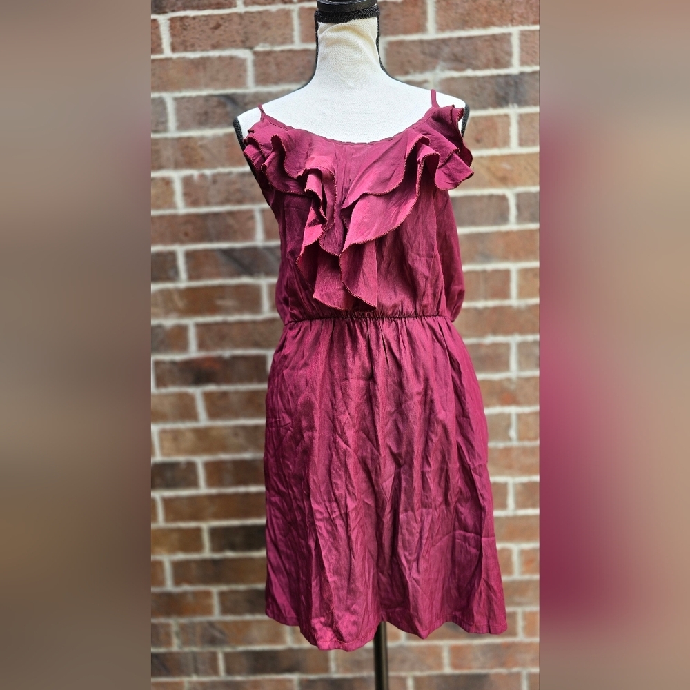 Ruffle Front Chiffon Burgundy  Dress